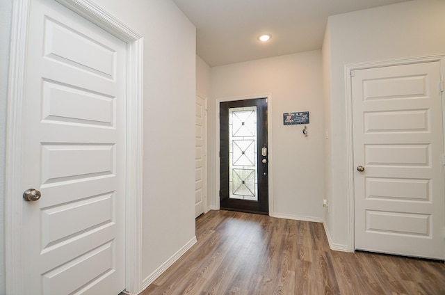 entrance foyer with baseboards and wood finished floors