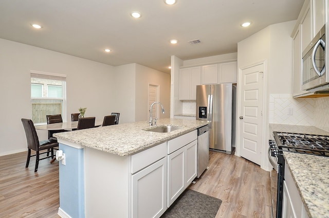 kitchen with appliances with stainless steel finishes, a sink, light wood finished floors, backsplash, and visible vents