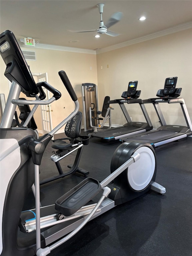exercise room with ceiling fan, ornamental molding, and recessed lighting