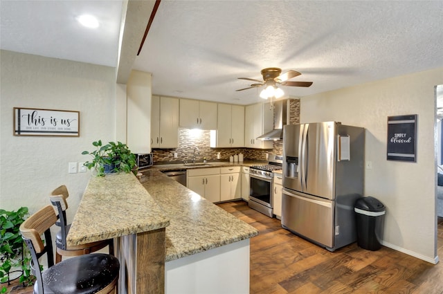 kitchen with wall chimney range hood, tasteful backsplash, ceiling fan, a peninsula, and appliances with stainless steel finishes