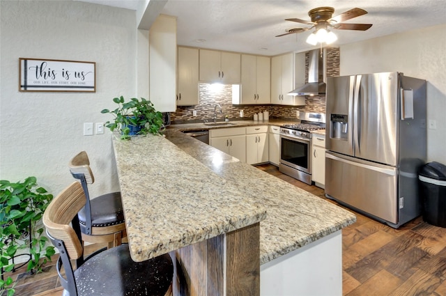 kitchen with wall chimney exhaust hood, a peninsula, a sink, tasteful backsplash, and appliances with stainless steel finishes