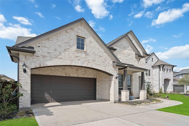 view of front of property with an attached garage, brick siding, stone siding, and concrete driveway
