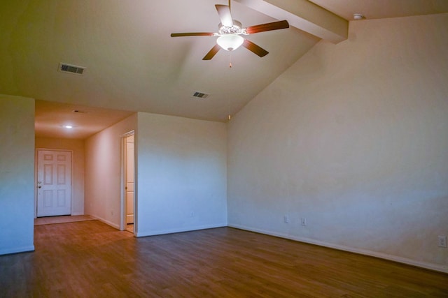 unfurnished room with wood finished floors, a ceiling fan, and baseboards
