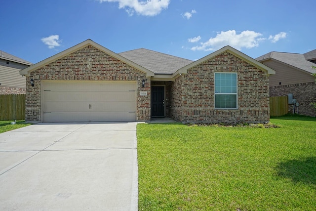 ranch-style home with brick siding, a garage, and concrete driveway