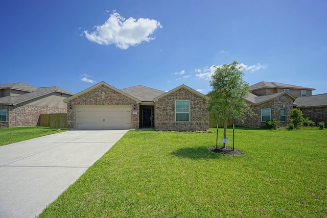 ranch-style home featuring a garage, concrete driveway, a front lawn, and brick siding