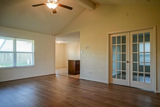spare room featuring beam ceiling, a ceiling fan, dark wood-style floors, french doors, and baseboards