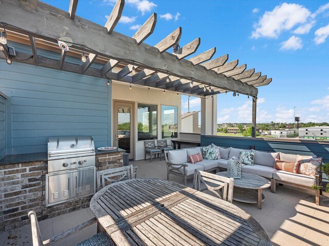 view of patio / terrace with area for grilling, a pergola, and an outdoor hangout area