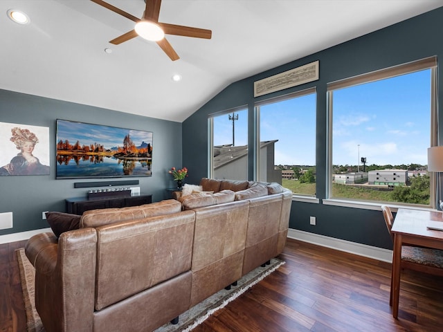 living room featuring recessed lighting, ceiling fan, vaulted ceiling, baseboards, and dark wood-style flooring