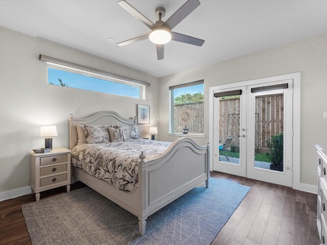 bedroom with wood finished floors, access to outside, ceiling fan, baseboards, and french doors