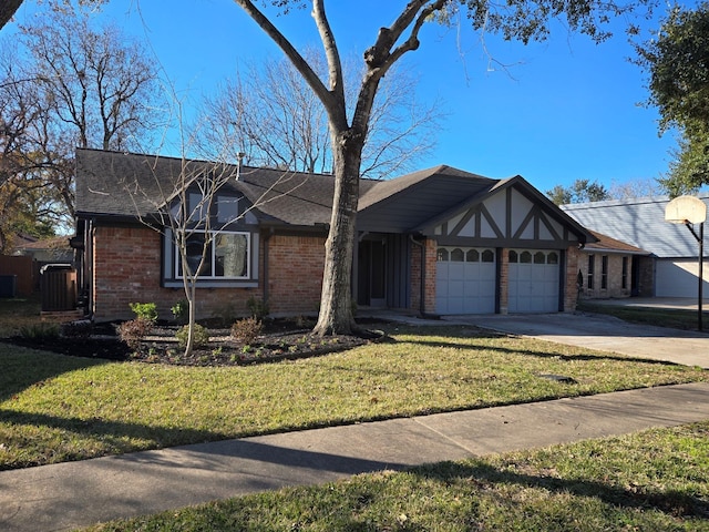 1403 Hitherfield Dr, Sugar Land, TX 77498 - tudor home featuring an attached garage, brick siding, cooling unit, a front yard, and concrete driveway