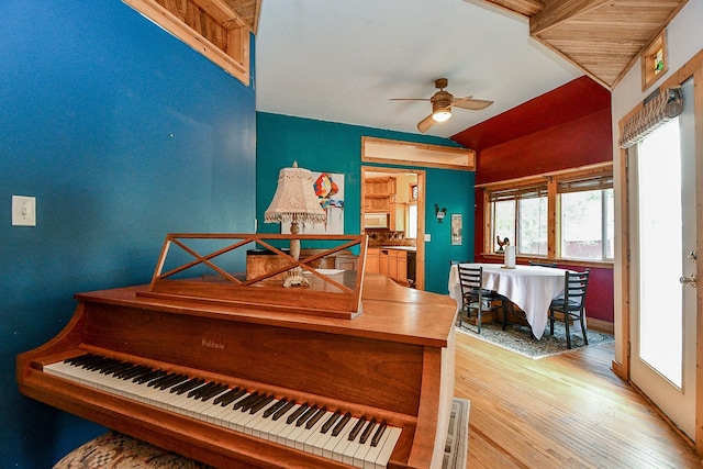 interior space featuring lofted ceiling, wood finished floors, and a ceiling fan
