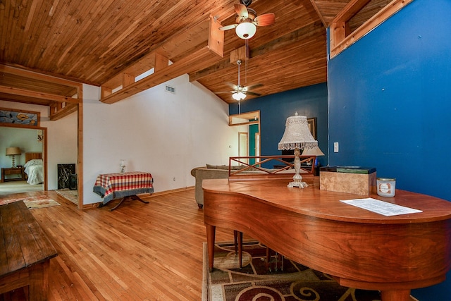 dining area featuring hardwood / wood-style floors, visible vents, beamed ceiling, wood ceiling, and ceiling fan