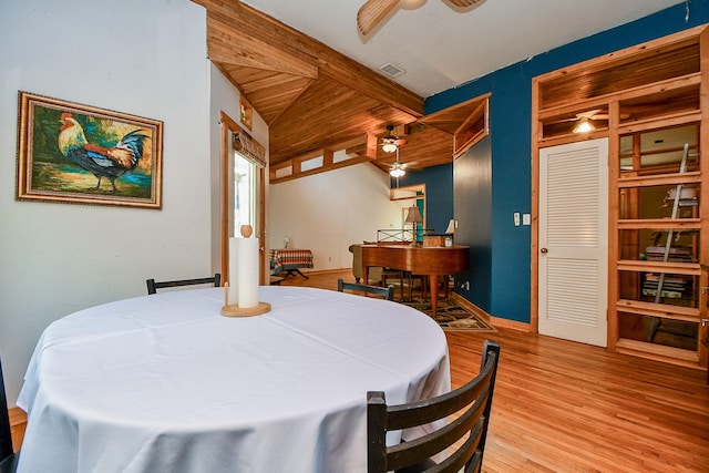 dining space with ceiling fan, beam ceiling, wood finished floors, and visible vents