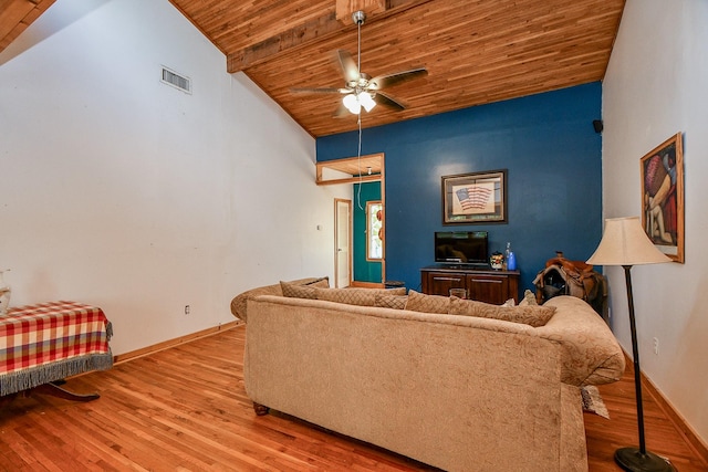 living room featuring wood finished floors, wooden ceiling, visible vents, and ceiling fan