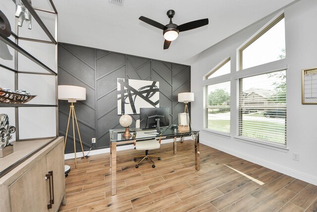 30706 Thicket Ct, Fulshear, TX 77441 - office area featuring light wood finished floors, baseboards, and ceiling fan