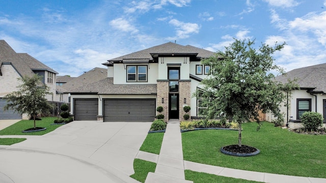 30706 Thicket Ct, Fulshear, TX 77441 - view of front of house with concrete driveway, a shingled roof, an attached garage, a front yard, and stucco siding