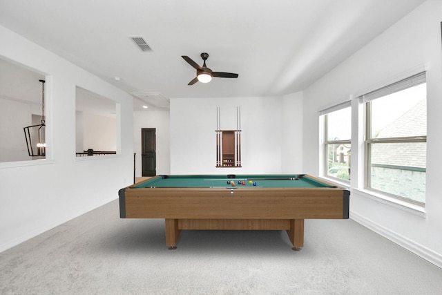 30706 Thicket Ct, Fulshear, TX 77441 - playroom featuring baseboards, visible vents, ceiling fan, pool table, and carpet floors