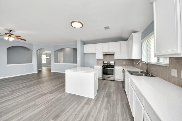 kitchen with under cabinet range hood, stainless steel appliances, a ceiling fan, a sink, and decorative backsplash