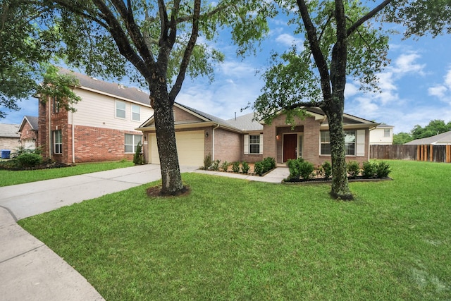 ranch-style home with driveway, fence, brick siding, an attached garage, and a front yard