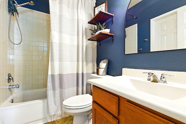 16611 River Wood Ct, Crosby, TX 77532 - full bathroom featuring a textured wall, toilet, vanity, and shower / tub combo with curtain