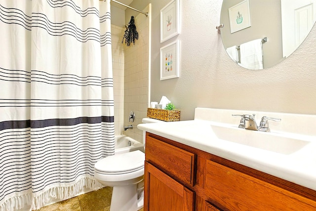 16611 River Wood Ct, Crosby, TX 77532 - full bathroom with shower / bathtub combination with curtain, vanity, toilet, and a textured wall