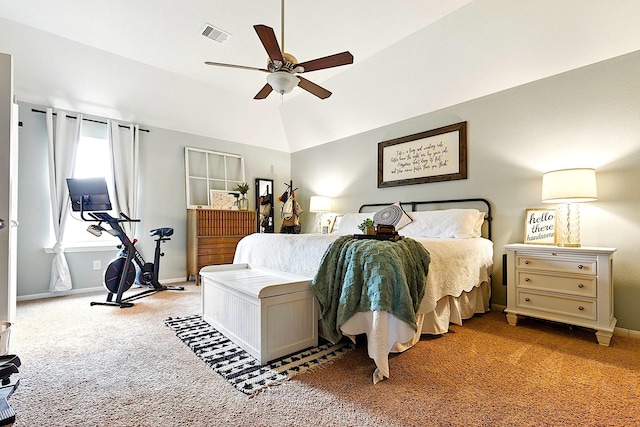 16611 River Wood Ct, Crosby, TX 77532 - carpeted bedroom featuring visible vents, ceiling fan, lofted ceiling, and baseboards