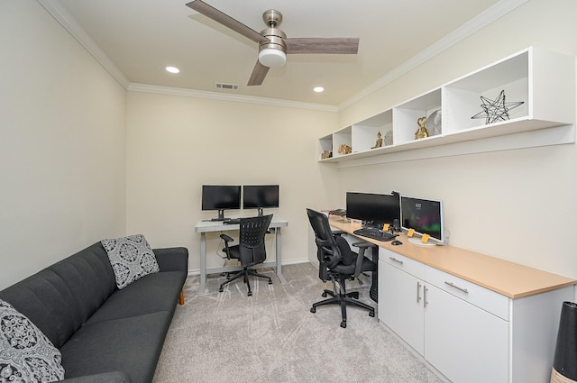 office featuring recessed lighting, a ceiling fan, visible vents, light carpet, and ornamental molding