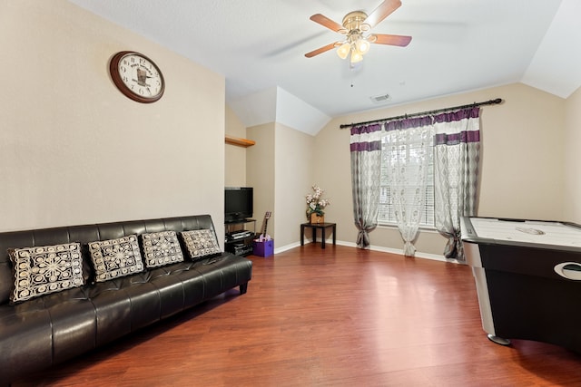 3719 Arundel Gardens Ln, Sugar Land, TX 77498 - living area featuring lofted ceiling, wood finished floors, ceiling fan, and baseboards