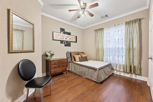 3719 Arundel Gardens Ln, Sugar Land, TX 77498 - bedroom featuring dark wood-style flooring, ornamental molding, baseboards, and ceiling fan