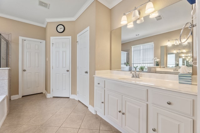 3719 Arundel Gardens Ln, Sugar Land, TX 77498 - full bath featuring ornamental molding, a shower with shower door, tile patterned flooring, vanity, and baseboards