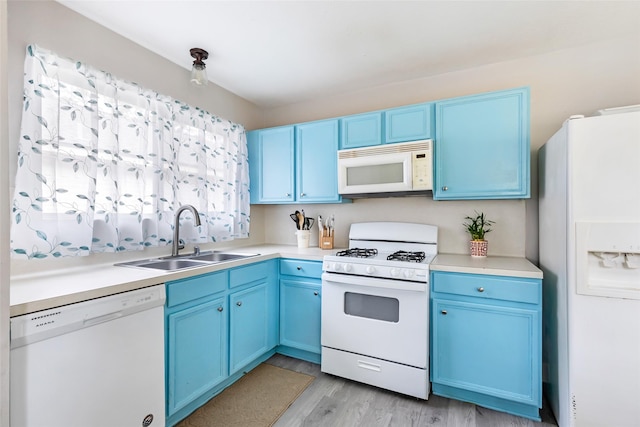 1311 N Diamondhead Blvd, Crosby, TX 77532 - kitchen with a sink, light countertops, blue cabinets, light wood finished floors, and white appliances