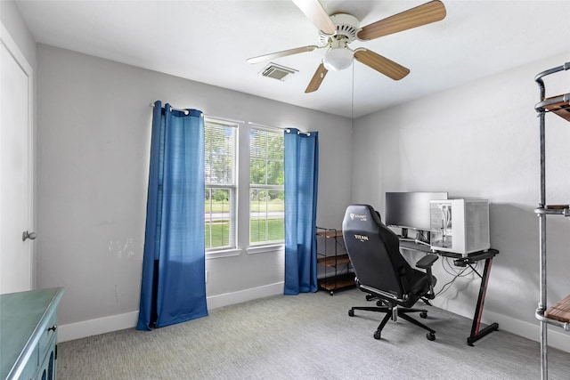 1311 N Diamondhead Blvd, Crosby, TX 77532 - office area with baseboards, visible vents, a ceiling fan, and carpet floors