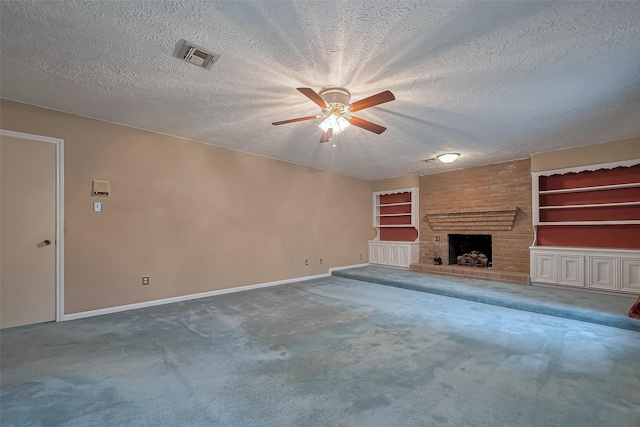 unfurnished living room with carpet floors, a ceiling fan, and baseboards