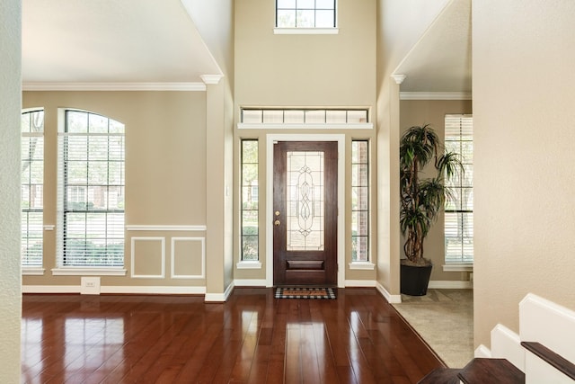 51 Scotch Pine Ct, Lake Jackson, TX 77566 - foyer featuring crown molding, a towering ceiling, hardwood / wood-style floors, and baseboards