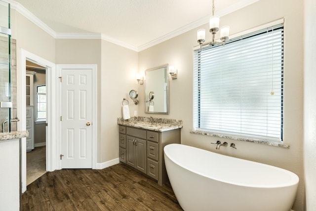 51 Scotch Pine Ct, Lake Jackson, TX 77566 - bathroom with vanity, a chandelier, a freestanding tub, crown molding, and wood finished floors