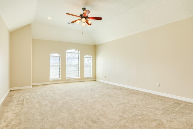 51 Scotch Pine Ct, Lake Jackson, TX 77566 - unfurnished room featuring baseboards, light colored carpet, ceiling fan, and lofted ceiling