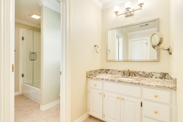 51 Scotch Pine Ct, Lake Jackson, TX 77566 - bathroom with crown molding, vanity, visible vents, and tile patterned floors