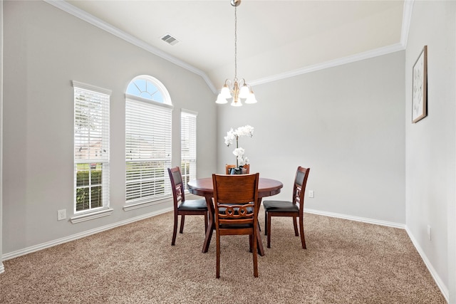 13215 Dover Bluff Dr, Rosharon, TX 77583 - dining space with a chandelier, carpet, crown molding, baseboards, and lofted ceiling