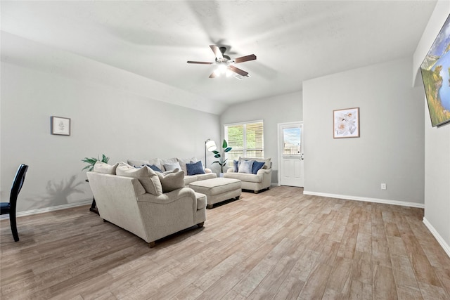 13215 Dover Bluff Dr, Rosharon, TX 77583 - living area featuring light wood-style floors, ceiling fan, baseboards, and lofted ceiling