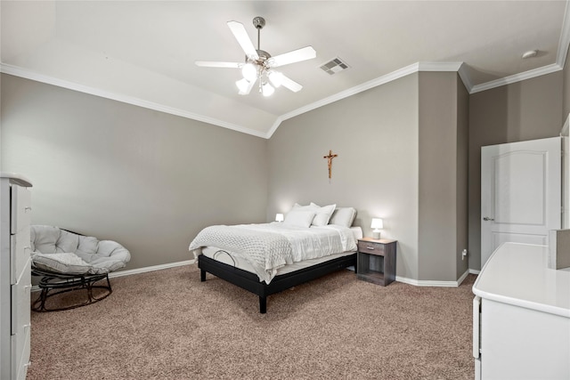 13215 Dover Bluff Dr, Rosharon, TX 77583 - bedroom featuring light carpet, crown molding, baseboards, vaulted ceiling, and ceiling fan
