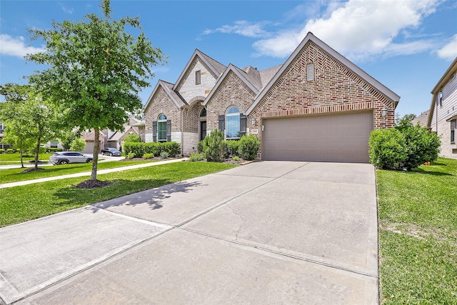french provincial home with brick siding, a front yard, and an attached garage
