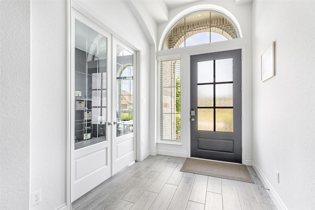 entryway with plenty of natural light, wood finished floors, and baseboards