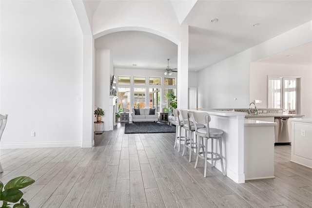 kitchen with stainless steel dishwasher, ceiling fan, a wealth of natural light, and open floor plan