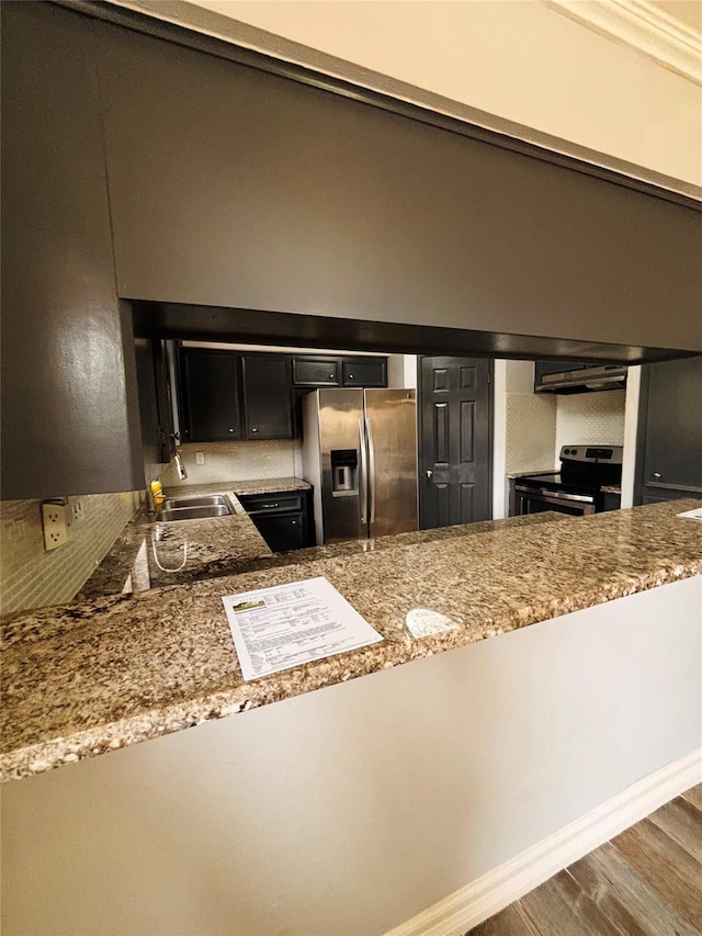 kitchen with wood finished floors, exhaust hood, stainless steel appliances, dark cabinetry, and a sink