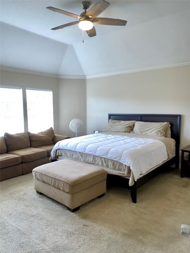 2106 Cherry Hills Dr, League City, TX 77573 - carpeted bedroom featuring ceiling fan, lofted ceiling, and crown molding