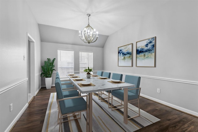 7403 Hickory Canyon Ct, Humble, TX 77396 - dining area with lofted ceiling, an inviting chandelier, wood finished floors, and baseboards