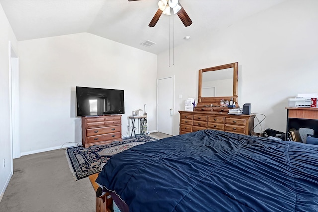 bedroom featuring carpet, ceiling fan, baseboards, visible vents, and lofted ceiling
