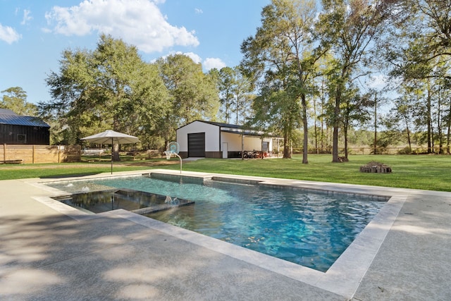 outdoor pool with an outdoor structure, a lawn, and fence