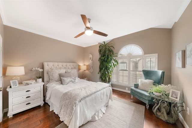 452 Mariners Dr, Kemah, TX 77565 - bedroom with ceiling fan, ornamental molding, dark wood-style floors, and baseboards