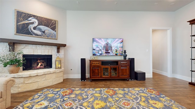 living room featuring baseboards, wood finished floors, and a stone fireplace